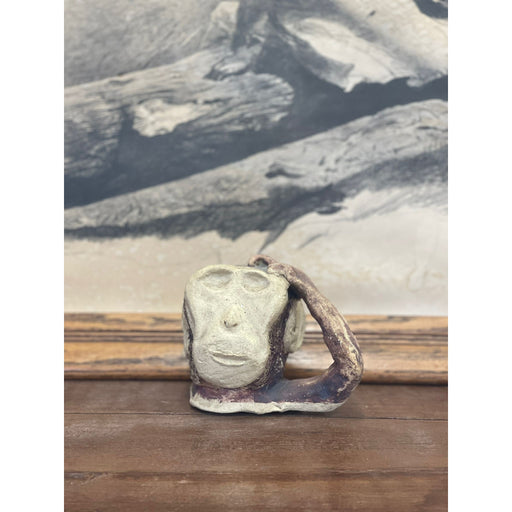 Handmade Vintage Ceramic Signed Monkey Sculpture Rendering Abstract Art Décor Brown, White