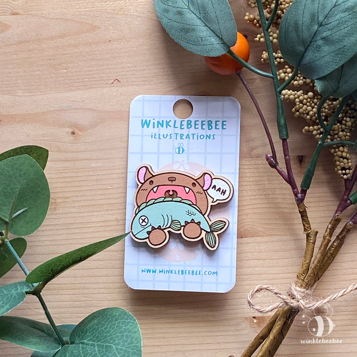 Hungry Bear - Laser Engraved Wood Pin