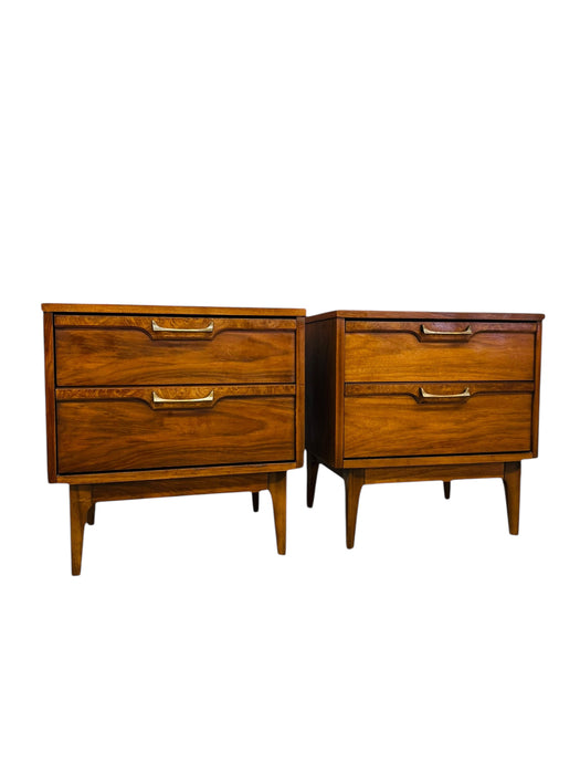 Vintage Mid Century Modern 2-Drawer End Table Set with Burl Accents Dovetailed Drawers