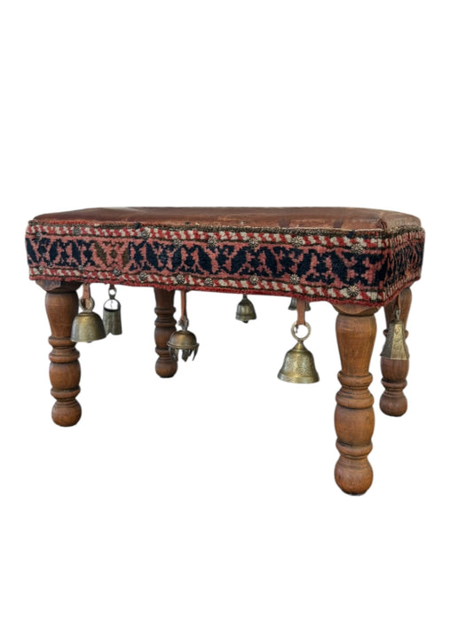 Vintage Bohemian Rustic Handcrafted Wooden Stool with Leather Seat & Brass Bells
