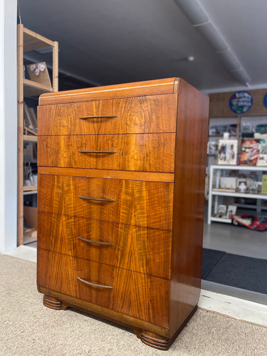 Art Deco Waterfall Tall Dresser in Bookmatched Walnut Veneer, Possibly 1930s