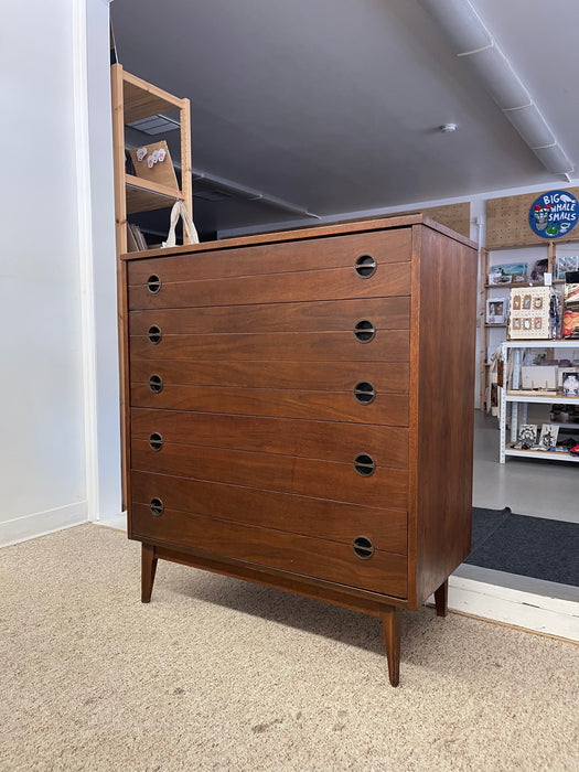 Likely 1960s Mid-Century Modern Possibly Walnut Highboy Dresser with Recessed Brass Toned Pulls and Tapered Legs