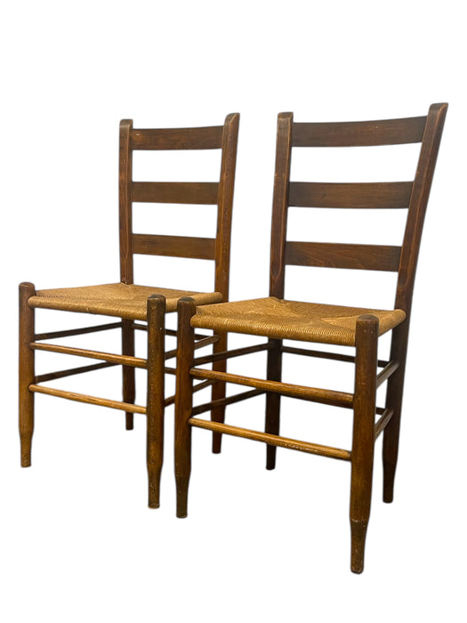 Pair of Vintage Ladder Back Rush Seat Chairs - Rustic Farmhouse Dining Side Chairs
