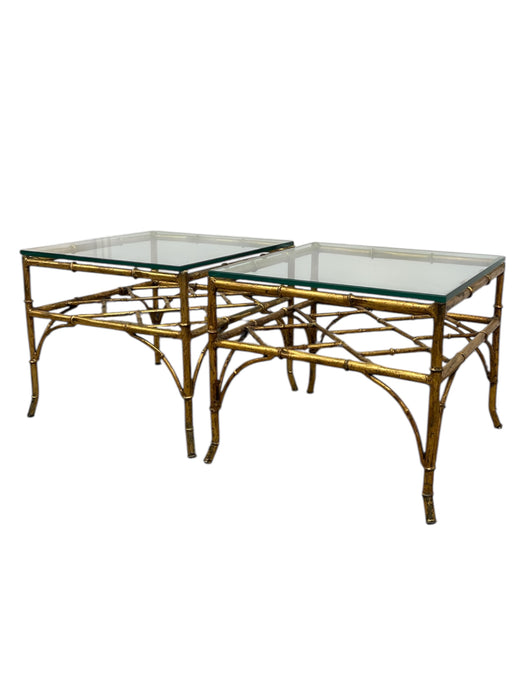 Vintage Mid Century Modern Style Faux Bamboo Gold Color Side End Table Set Attributed to Phyllis Morris