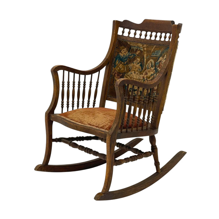Late 19th Century Early American Antique Solid Oak Rocking Chair With Original Upholstery
