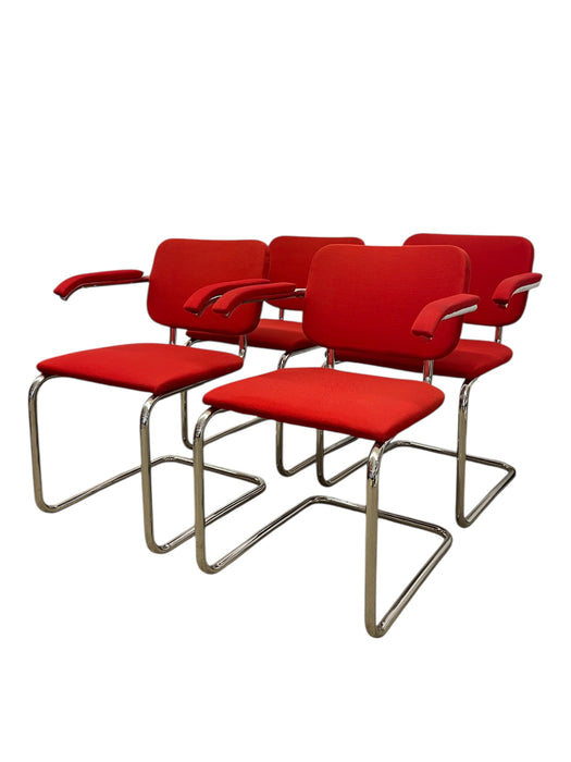 Set of 4 Knoll Cesca Red Upholstered Cantilever Armchairs with Chrome Frames