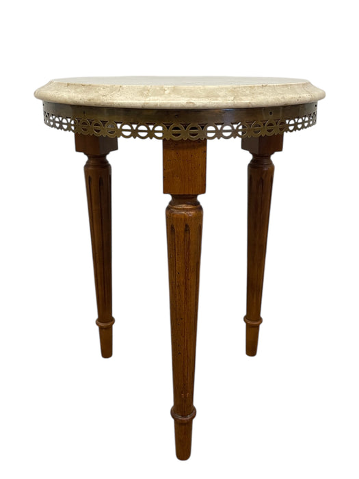 Vintage Marble Top Side Table Stand with Brass Finished Trim and Fluted Tapered Legs