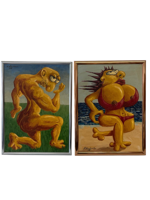 1994 Surrealist Figurative Paintings of Exaggerated Characters by H. Nordeman - Set of Two