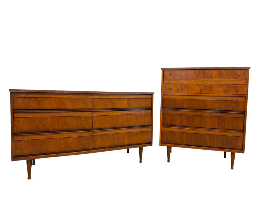 Vintage Mid-Century Modern Walnut Dresser Set - 6 Drawer Lowboy & 4-Drawer Highboy Chest of Drawers