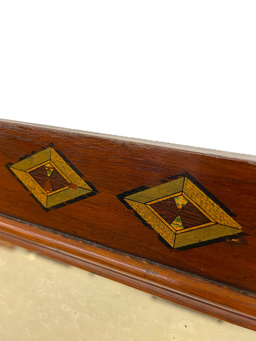 Possibly Antique Arts and Crafts Painted Mahogany Toned Wall Mirror with Geometric and Floral Marquetry, Early 20th Century
