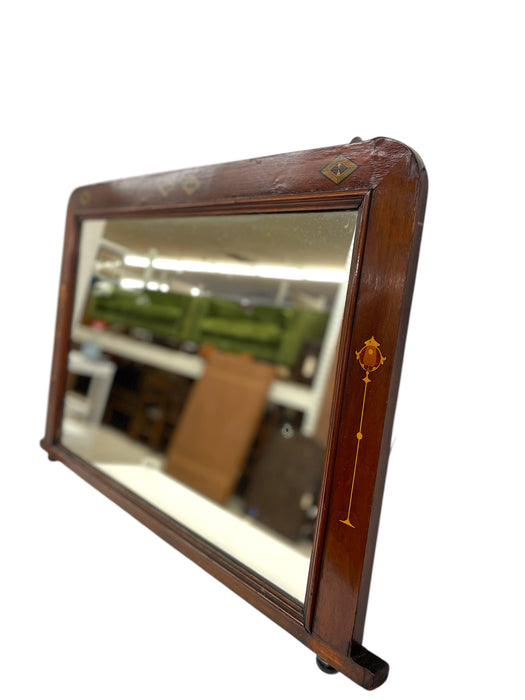 Possibly Antique Arts and Crafts Painted Mahogany Toned Wall Mirror with Geometric and Floral Marquetry, Early 20th Century