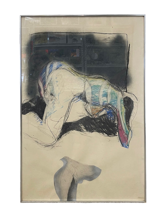 Vintage Abstract Figurative Mixed Media Drawing with Pastel Accents in Metal Frame