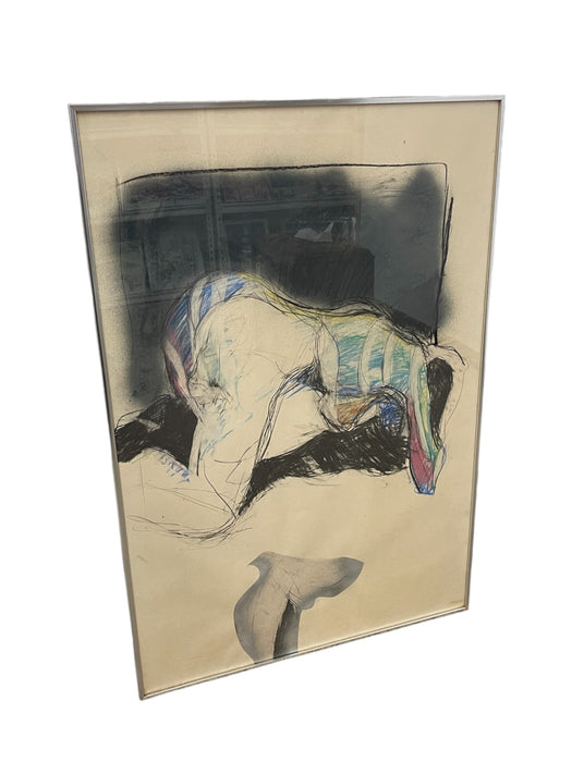 Vintage Abstract Figurative Mixed Media Drawing with Pastel Accents in Metal Frame