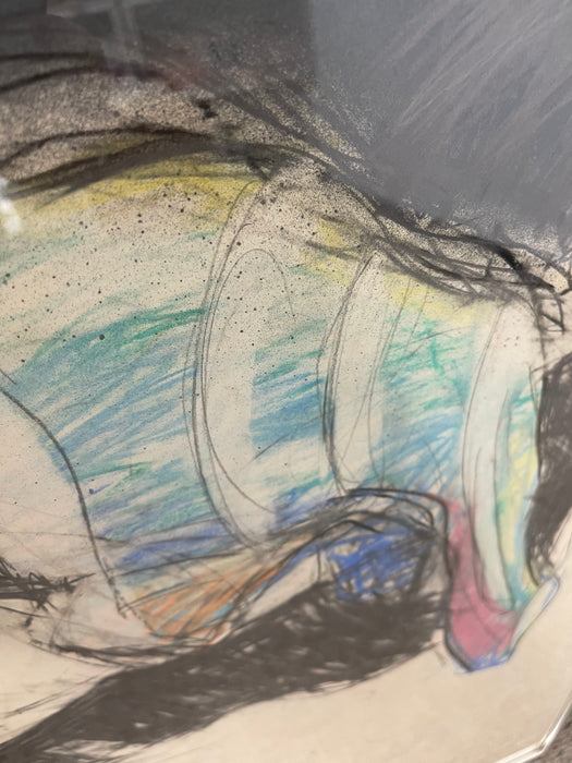 Vintage Abstract Figurative Mixed Media Drawing with Pastel Accents in Metal Frame