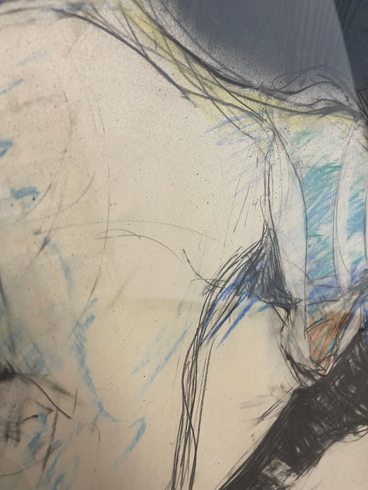 Vintage Abstract Figurative Mixed Media Drawing with Pastel Accents in Metal Frame