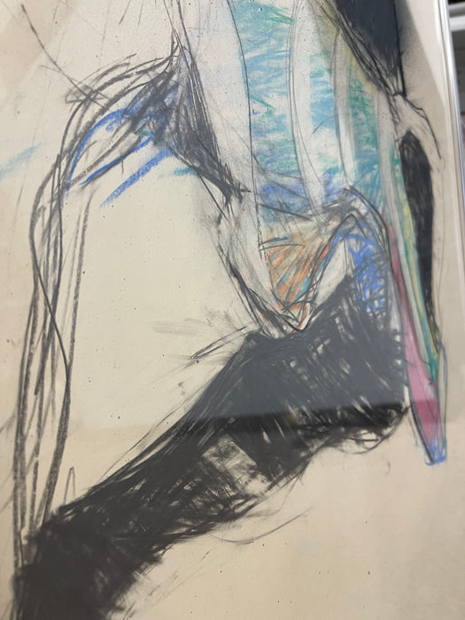 Vintage Abstract Figurative Mixed Media Drawing with Pastel Accents in Metal Frame