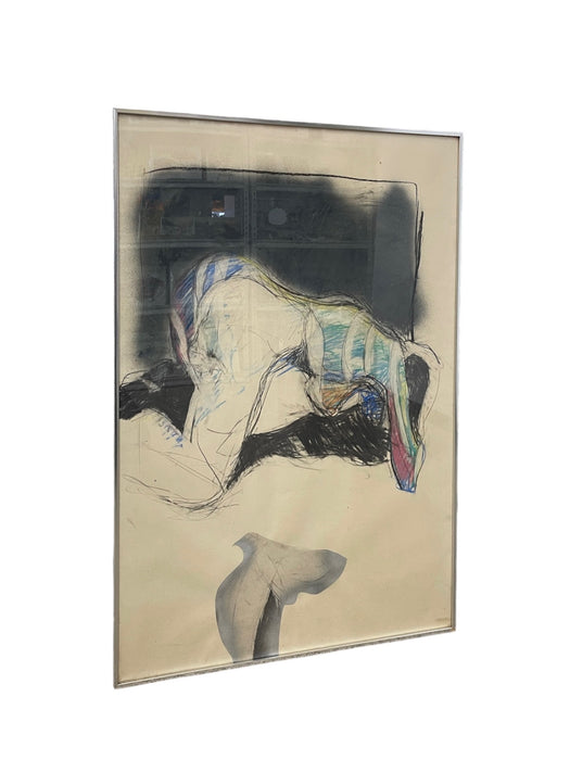 Vintage Abstract Figurative Mixed Media Drawing with Pastel Accents in Metal Frame