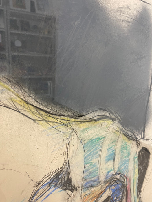 Vintage Abstract Figurative Mixed Media Drawing with Pastel Accents in Metal Frame