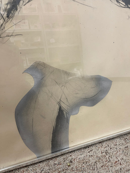 Vintage Abstract Figurative Mixed Media Drawing with Pastel Accents in Metal Frame