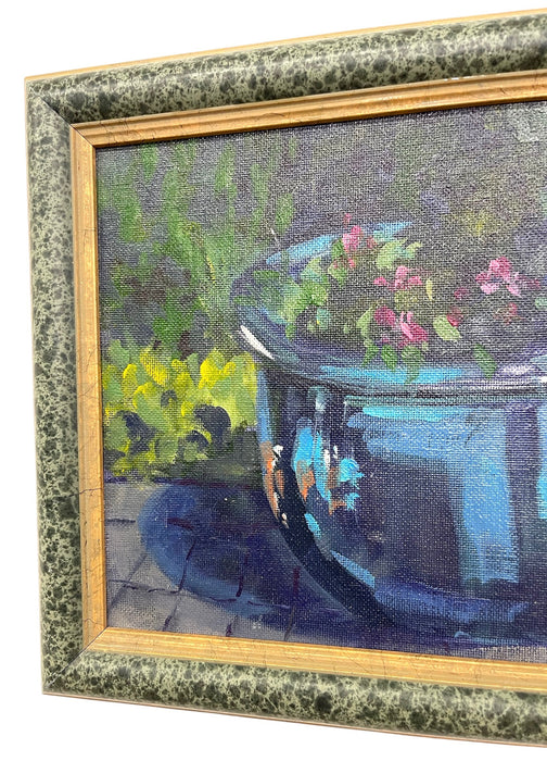 Likely Original Still Life Oil Painting of Blue Planter with Flowers by R. Glidden, Framed 8" x 10"