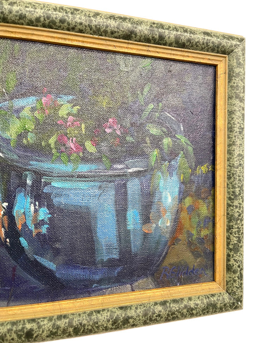 Likely Original Still Life Oil Painting of Blue Planter with Flowers by R. Glidden, Framed 8" x 10"