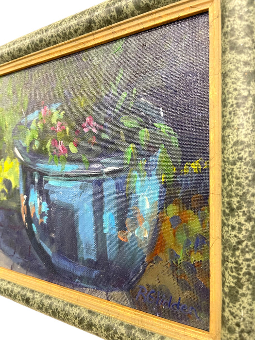 Likely Original Still Life Oil Painting of Blue Planter with Flowers by R. Glidden, Framed 8" x 10"