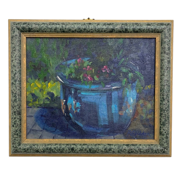 Likely Original Still Life Oil Painting of Blue Planter with Flowers by R. Glidden, Framed 8" x 10"
