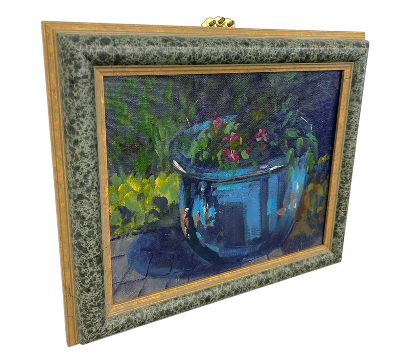 Likely Original Still Life Oil Painting of Blue Planter with Flowers by R. Glidden, Framed 8" x 10"