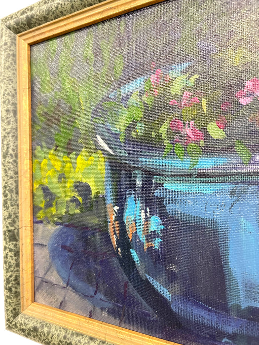 Likely Original Still Life Oil Painting of Blue Planter with Flowers by R. Glidden, Framed 8" x 10"