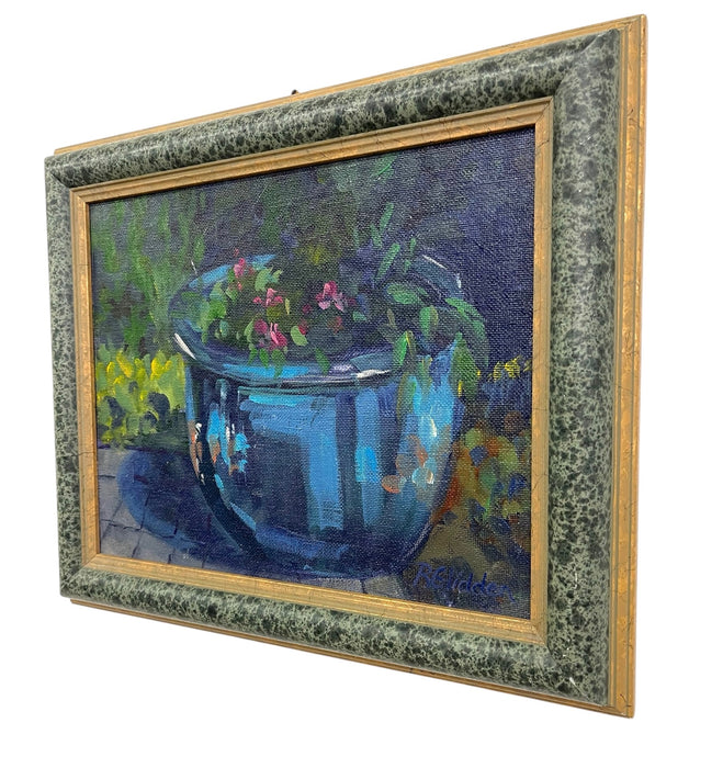 Likely Original Still Life Oil Painting of Blue Planter with Flowers by R. Glidden, Framed 8" x 10"