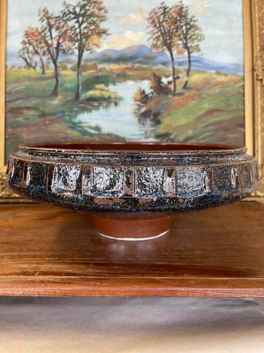 Mid-Century Modern Glazed Studio Pottery Pedestal Bowl with Textured Lava Exterior
