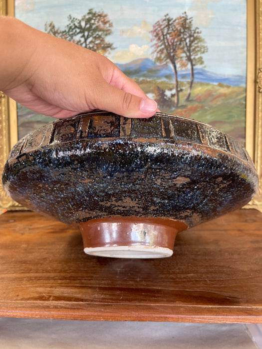 Mid-Century Modern Glazed Studio Pottery Pedestal Bowl with Textured Lava Exterior