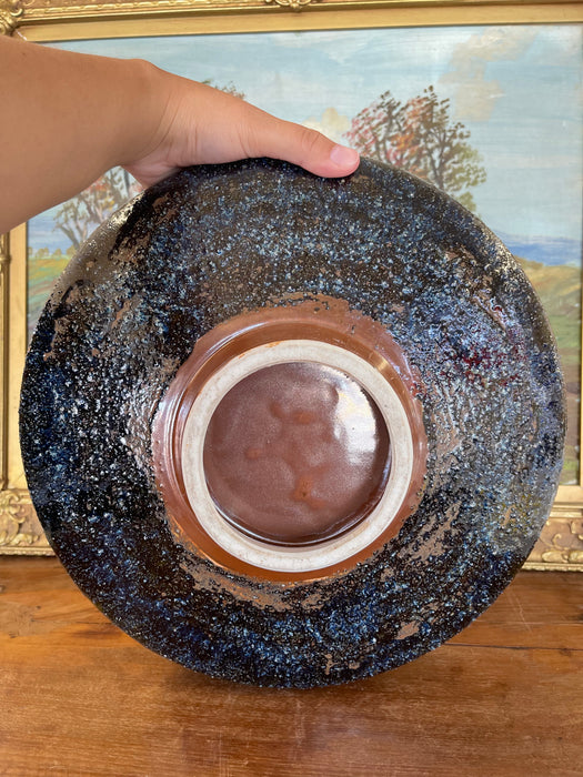 Mid-Century Modern Glazed Studio Pottery Pedestal Bowl with Textured Lava Exterior