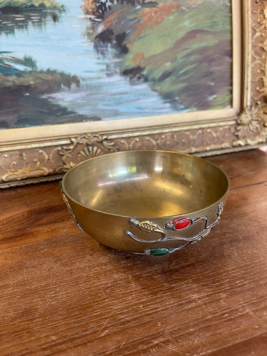 Chinese Brass Toned Bowl with Applied Gemstone Accents and Floral Motif
