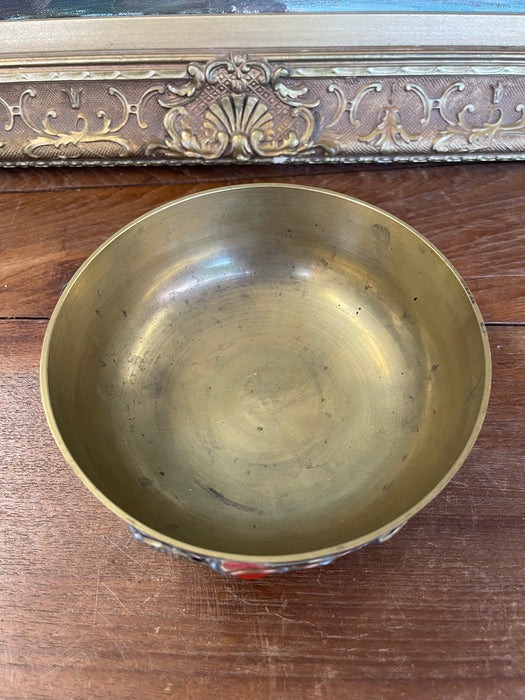 Chinese Brass Toned Bowl with Applied Gemstone Accents and Floral Motif