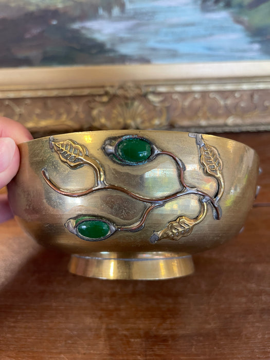 Chinese Brass Toned Bowl with Applied Gemstone Accents and Floral Motif