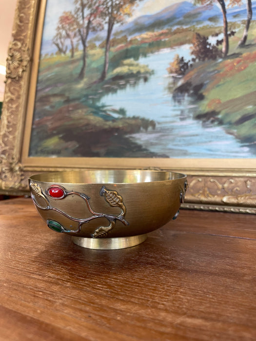 Chinese Brass Toned Bowl with Applied Gemstone Accents and Floral Motif