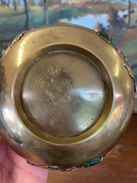 Chinese Brass Toned Bowl with Applied Gemstone Accents and Floral Motif