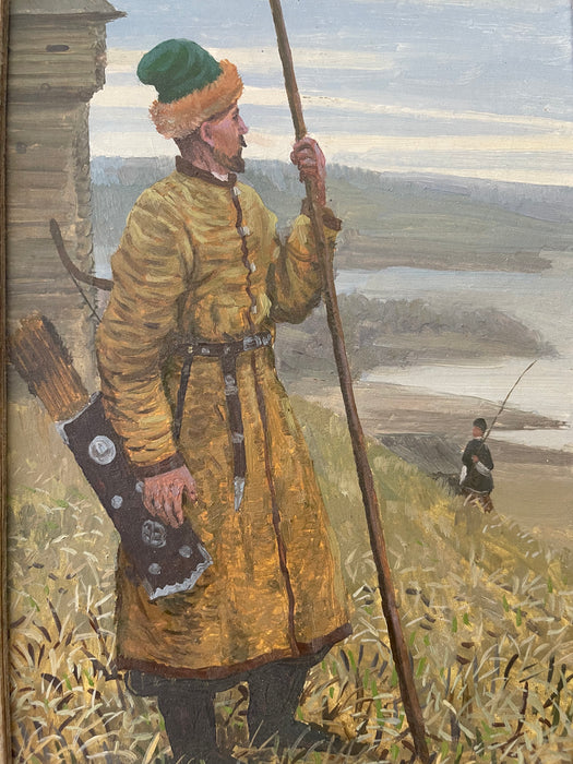 Pair of Vintage Tatar Guard and Woman Paintings in Traditional Dress