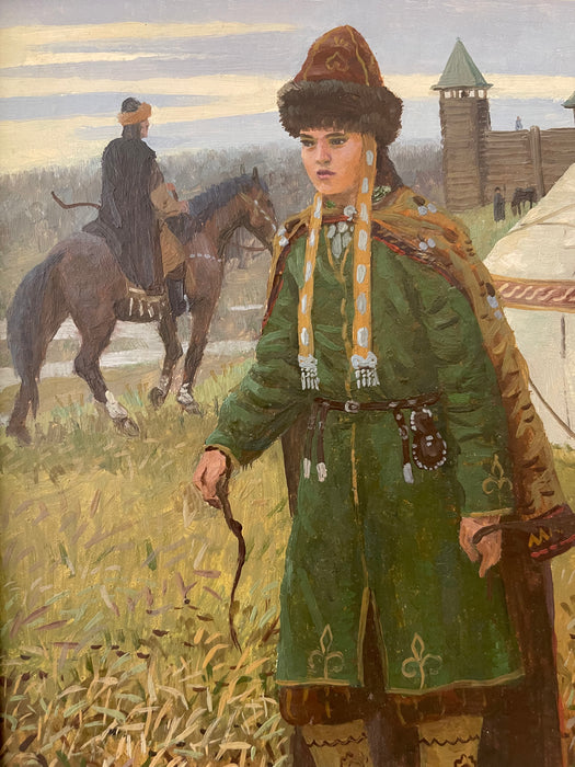 Pair of Vintage Tatar Guard and Woman Paintings in Traditional Dress
