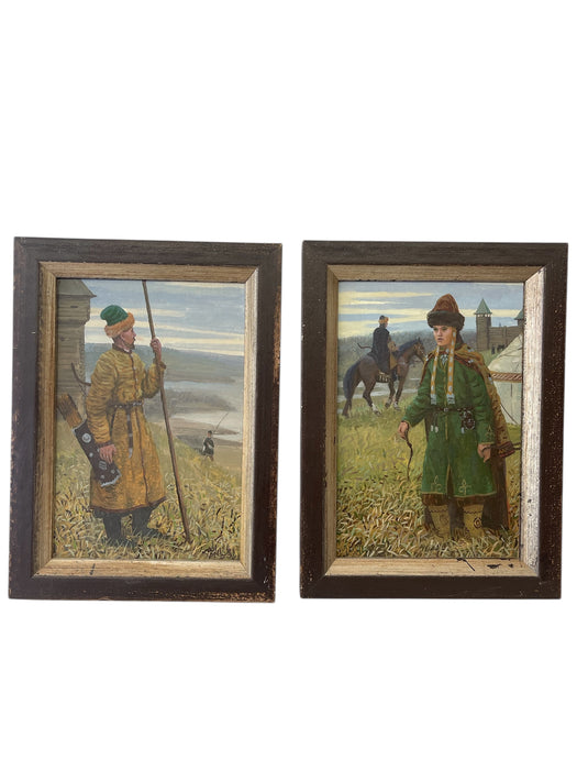 Pair of Vintage Tatar Guard and Woman Paintings in Traditional Dress