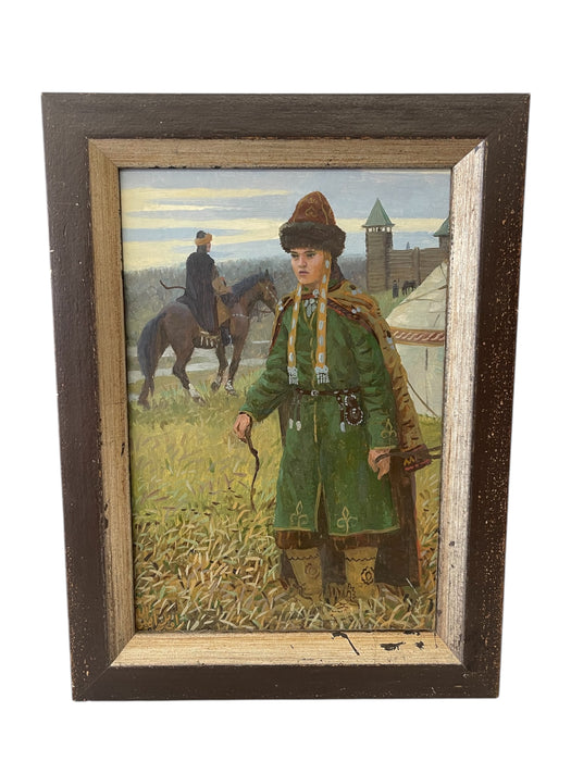 Pair of Vintage Tatar Guard and Woman Paintings in Traditional Dress