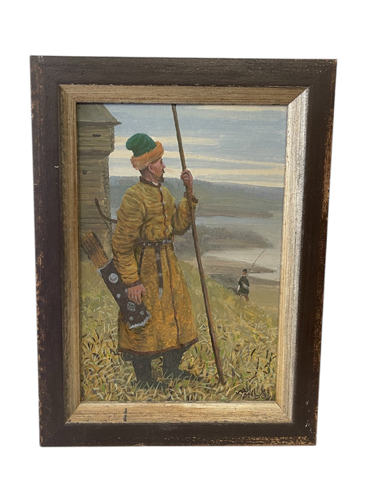 Pair of Vintage Tatar Guard and Woman Paintings in Traditional Dress