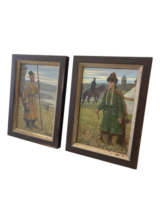 Pair of Vintage Tatar Guard and Woman Paintings in Traditional Dress