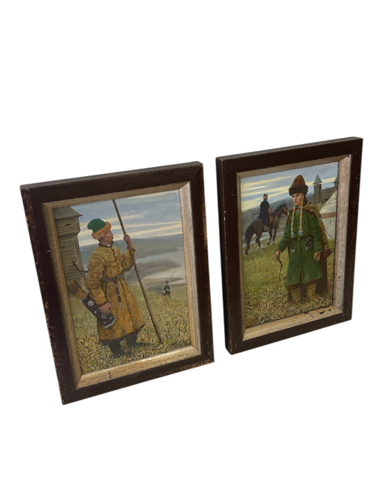 Pair of Vintage Tatar Guard and Woman Paintings in Traditional Dress