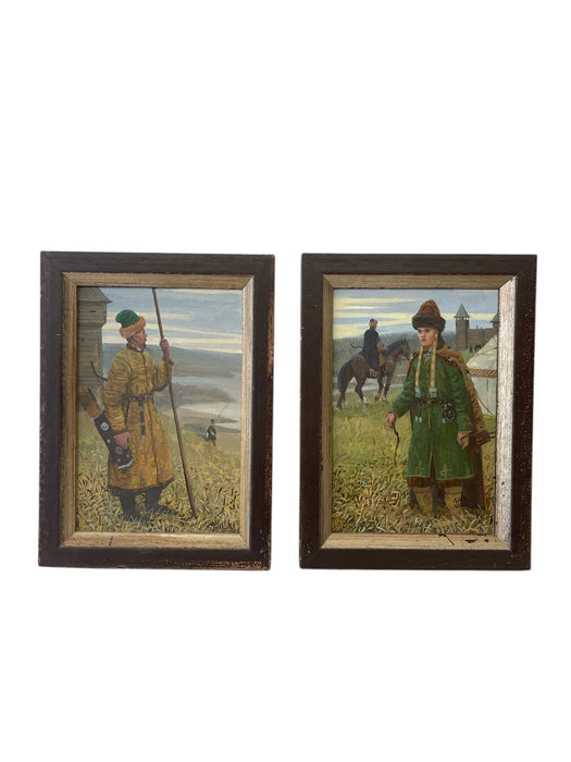 Pair of Vintage Tatar Guard and Woman Paintings in Traditional Dress