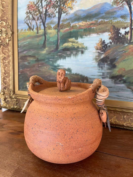 Handmade Indonesian Terracotta Lidded Jar with Beaded Raffia Accents and Seated Figure Finial