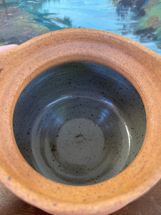 Handmade Indonesian Terracotta Lidded Jar with Beaded Raffia Accents and Seated Figure Finial
