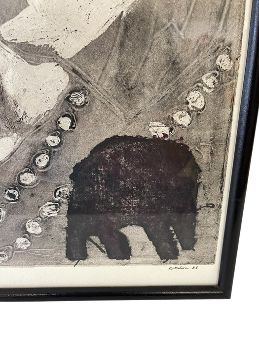 1988 Abstract Figurative Collagraph Print "Indian Ill - Elephant" by B. Dodson