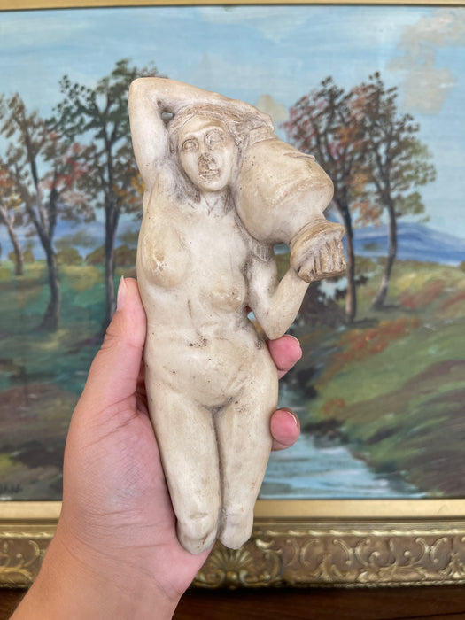 Vintage Hand-Carved Possibly Alabaster Sculpture of Reclining Nude Woman with Water Vessel